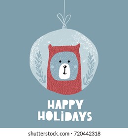 Cute winter greeting background with polar bear. Holiday and christmas illustration. It can be used for greeting card, posters, apparel