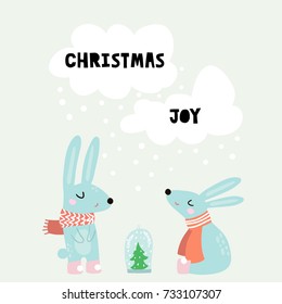 Cute winter greeting background with rabbits. Holiday and christmas illustration. It can be used for greeting card, posters, apparel