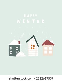 Cute winter greeting card with houses. Holiday graphic. Vector hand drawn illustration.