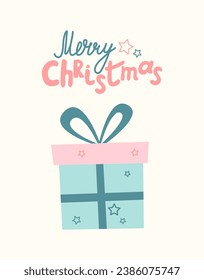 Cuta tarjeta de saludo de invierno con texto Feliz Navidad para Navidad, Año Nuevo. Caja de regalo de moda rosa con arco. Elementos de diseño para invitación, afiche, pegatinas, scrapbooking. Ilustración del vector