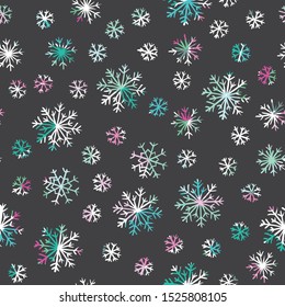 Cute winter hand drawn seamless patterm with colorful snowflakes. Winter print. Kids fabric background. Vector illustration. Christmas
