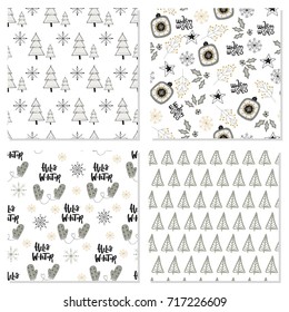 Cute winter hand drawn seamless pattern collection with Christmas elements. New Year vector illustration