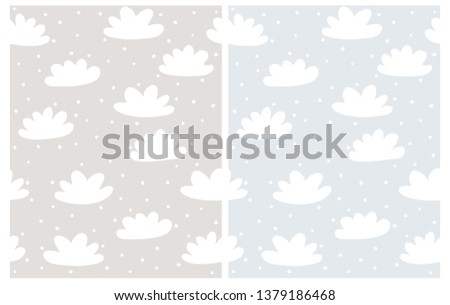 Cute Winter Hand Drawn Sky Seamless Vector Pattern. Lovely White Fluffy Clouds and Snow Isolated on a Light Blue and Gray Background. Sweet Abstract  Infantile Style Cloudy Vector Sky. 