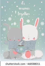 cute winter hares with scarf and coffee cup