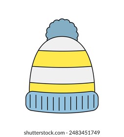Cute winter hat concept. Woolen warm yellow and white cap. Fashion, trend and style. Clothes for cold weather. Icon for website. Linear flat vector illustration isolated on white background