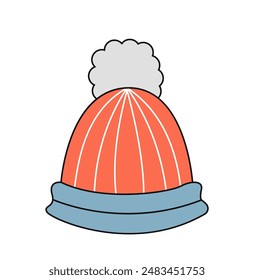 Cute winter hat concept. Woolen warm red cap. Fashion, trend and style. Clothes for cold weather. Trendy knitted apparel. Linear flat vector illustration isolated on white background