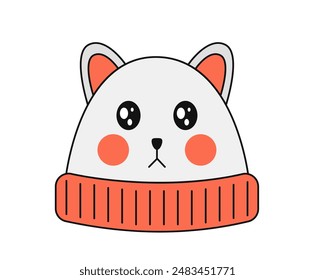 Cute winter hat concept. Woolen warm cap with cat print. Fashion, trend and style. Clothes for cold weather and winter season. Linear flat vector illustration isolated on white background