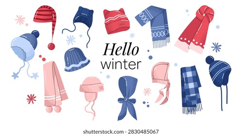 Cute winter hat and scarf collection flat vector illustration set