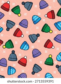 Cute winter hats pattern with snowflakes on pastel background