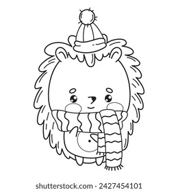 Cute winter hedgehog in hat and scarf. Vector illustration. Funny outline cartoon animal character. Line drawing, coloring book. Kids collection