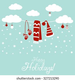 Cute winter holiday background with blue sky, snowflakes and clouds decorating with holiday toys. Stylish Christmas and new year vector illustration with Santa Claus hat, scarf and mittens.