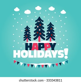 Cute winter holiday background with blue sky, snowflakes, clouds, garland and Christmas trees decorating with holiday toys. Stylish Christmas and New Year vector illustration. Funny winter landscape