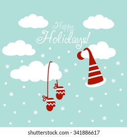 Cute winter holiday background with blue sky, snowflakes and clouds. Stylish Christmas and New Year vector illustration with Santa Claus hat and mittens