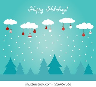 Cute winter holiday background with blue sky, trees, snowflakes and clouds decorating with holiday toys. Stylish Christmas and New Year vector illustration in bright colors. Modern winter landscape