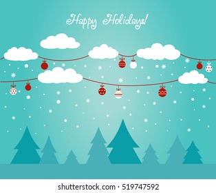 Cute winter holiday background with blue sky, trees, snowflakes and clouds decorating with holiday toys. Stylish Christmas and New Year vector illustration in bright colors. Modern winter landscape