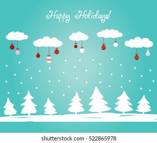 Cute winter holiday background with blue sky, trees, snowflakes and clouds decorating with holiday toys. Stylish Christmas and New Year vector illustration in bright colors. Modern winter landscape