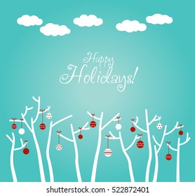 Cute winter holiday background with blue sky, snowflakes, clouds and trees decorating with holiday toys. Stylish Christmas and New Year vector illustration. Funny winter landscape