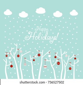 Cute winter holiday background with blue sky, snowflakes, clouds and trees decorating with holiday toys. Stylish Christmas and New Year vector illustration. Funny winter landscape