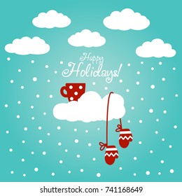 Cute winter holiday background with blue sky, snowflakes and clouds. Stylish Christmas and New Year vector illustration with red cup and mittens