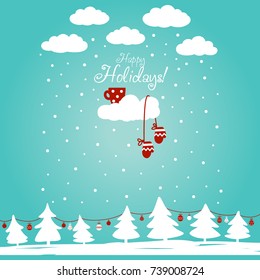 Cute winter holiday background with Christmas tree, snowflakes and clouds. Stylish Christmas and New Year vector illustration with red cup and mittens