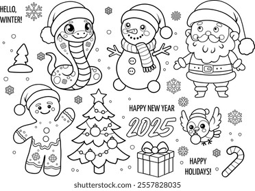 Cute Winter Holiday Character Set for Coloring – Santa, Snowman, Gingerbread man, Snake, Bird, Christmas Tree, and Gifts