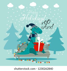 Cute winter holiday illustration with funny dinosaur. Christmas and New Year vector card