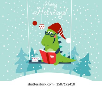 Cute winter holiday illustration with funny tyrannosaur. Christmas and Happy Holidays vector card. Cute dinosaur reads a book on swing 