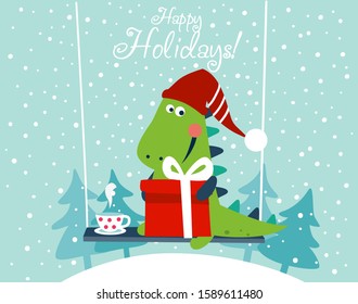 Cute winter holiday illustration with funny tyrannosaur. Christmas and Happy Holidays vector card. Cute dinosaur on swing 