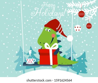 Cute winter holiday illustration with funny tyrannosaur. Christmas and Happy Holidays vector card. Cute dinosaur on swing 