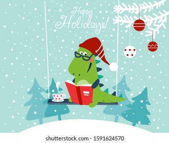 Cute winter holiday illustration with funny tyrannosaur. Christmas and Happy Holidays vector card. Cute dinosaur reads a book on swing