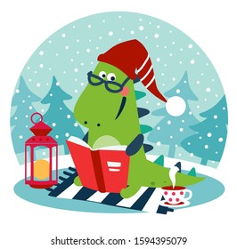 Cute winter holiday illustration with funny tyrannosaur. Christmas and Happy Holidays vector card. Cute dinosaur reads a book