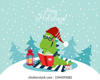 Cute winter holiday illustration with funny tyrannosaur. Christmas and Happy Holidays vector card. Cute dinosaur reads a book
