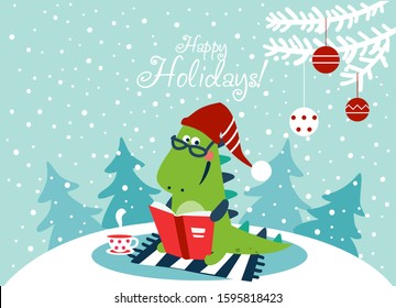 Cute winter holiday illustration with funny tyrannosaur. Christmas and Happy Holidays vector card. Cute dinosaur reads a book