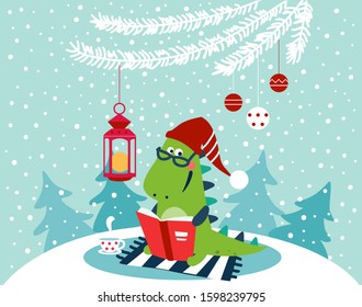 Cute winter holiday illustration with funny tyrannosaur. Christmas and Happy Holidays vector card. Cute dinosaur reads a book