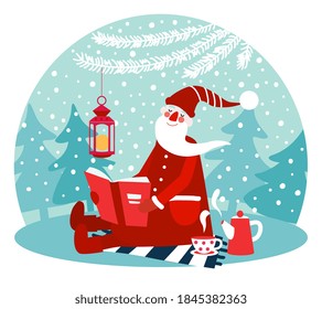 Cute winter holiday illustration with funny Santa Claus reads a book. Christmas and Happy Holidays vector card