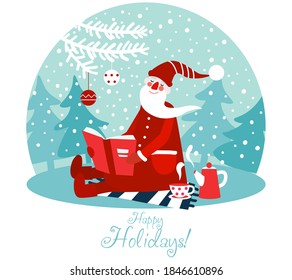 Cute winter holiday illustration with funny Santa Claus reads a book. Christmas and Happy Holidays vecto