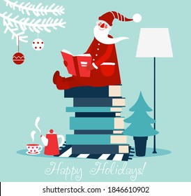 Cuesta ilustración de las vacaciones de invierno con el gracioso Santa Claus lee un libro. Vecto navideño y feliz feriado