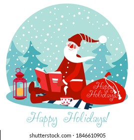 Cute winter holiday illustration with funny Santa Claus reads a book. Christmas and Happy Holidays vecto