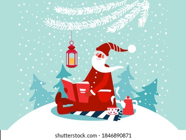 Cute winter holiday illustration with funny Santa Claus reads a book. Christmas and Happy Holidays vector card
