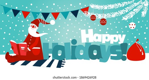 Cute winter holiday illustration with funny Santa Claus reads a book. Christmas and Happy Holidays vector