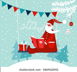 Cute winter holiday illustration with funny Santa Claus reads a book. Christmas and Happy Holidays vector