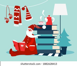 Cute Winter Feiertage Illustration mit lustigen Weihnachtsmann liest ein Buch. Weihnachten- und Feiertagsvektor