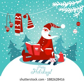 Cute winter holiday illustration with funny Santa Claus reads a book. Christmas and Happy Holidays vector