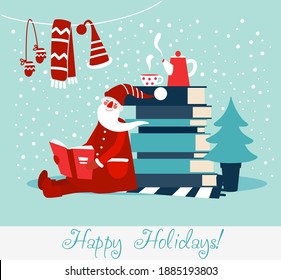 Cute winter holiday illustration with funny Santa Claus reads a book. Christmas and Happy Holidays vector