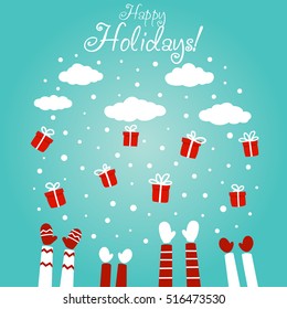 Cute winter holiday illustration with many children hands raised up with gifts. Christmas and New Year vector card with kids, snowflakes and clouds. Romantic and funny background