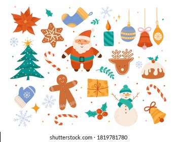 Cute winter holiday ornaments, Christmas scrapbook decorative vector collection, Xmas tree elements, Santa Claus, cookies, baubles, snowman, bell, candle illustration in flat cartoon style