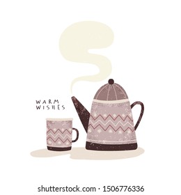 Cute winter holidays card or poster template with kettle and cup in pastel color with warm wishes text. Vector illustration set with teapot and cup. Winter holidays card template