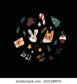 Cute winter holidays collection. New Year's cards. Postcards for Christmas. Christmas card with gifts