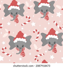 cute winter holidays hand drawn seamless vector pattern background illustration with cartoon character baby elephant with santa claus hat and scarf, holly, candy cane and stars
