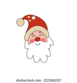 Cute Winter Holidays Illustration with Santa Claus Head in a Red Hat. Vector funny doodle for holidays postcard, invitation, sticker, t-shirt